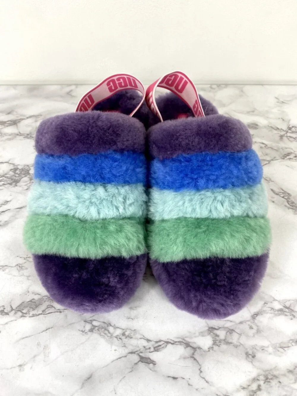 UGG Fluff Yeah Rainbow Purple Furry Women’s Slides Sz 7